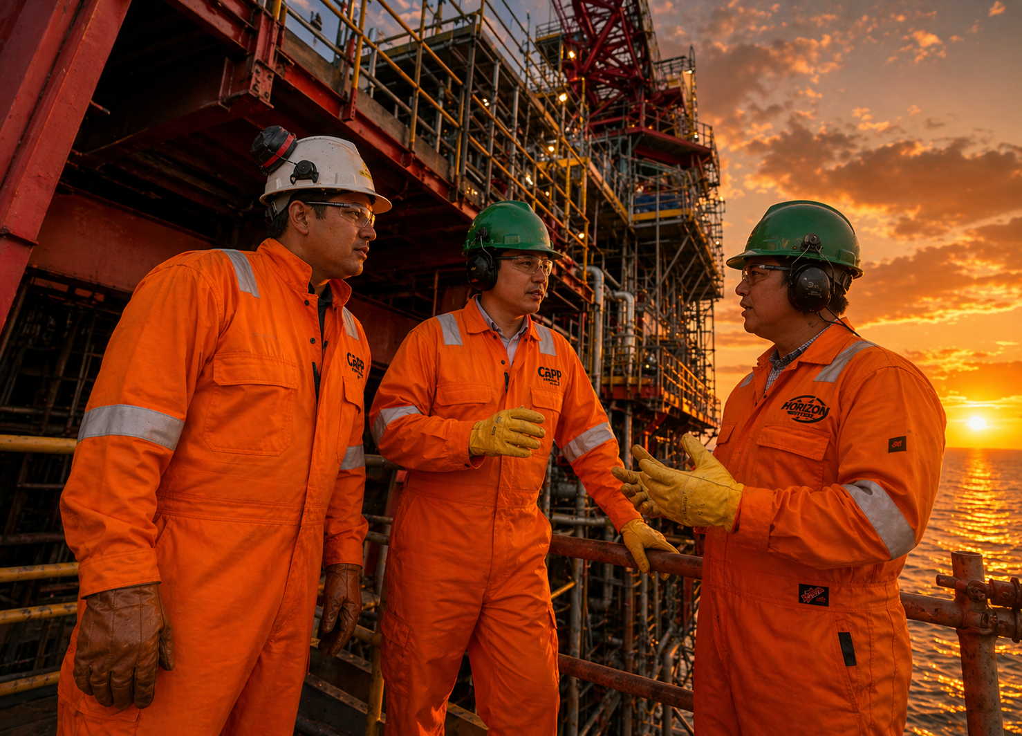 Specialized oil industry workers in protective gear coordinating on an offshore platform
